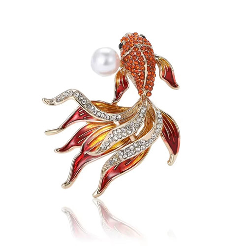 Orange goldfish brooch crystal - goldfish,